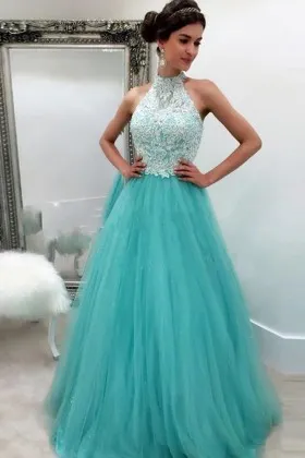 white lace cyan blue tulle halter neck prom dress