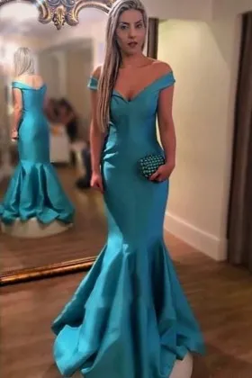 off the shoulder blue satin mermaid formal dress