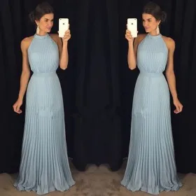 pleated dusty blue chiffon halter neck prom dress