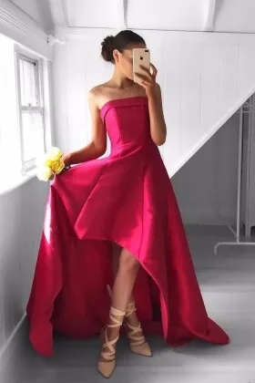 lipstick red satin strapless high low prom dress