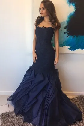 navy blue lace organza drop waist flanged prom gown