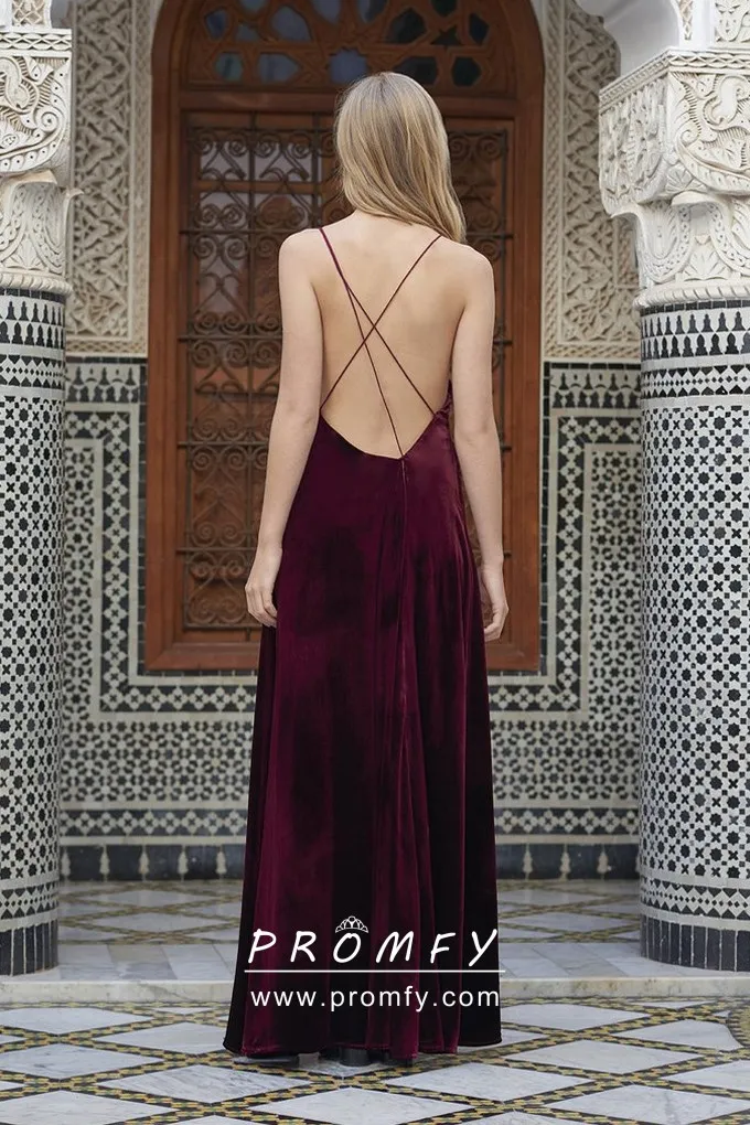 V Neck Spaghetti Straps Burgundy Velvet 