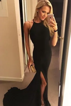 halter neck split black spandex mermaid prom dress