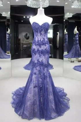 beaded sheer blue lace strapless mermaid prom dress