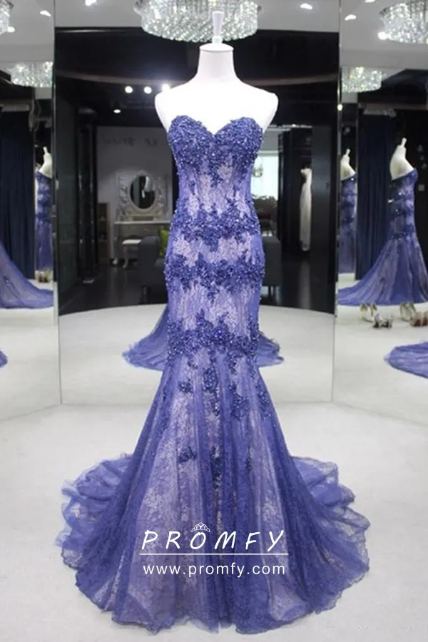 Sky Blue One Shoulder Beaded Sheer Corset Mermaid Prom Dress with Slit main image 0