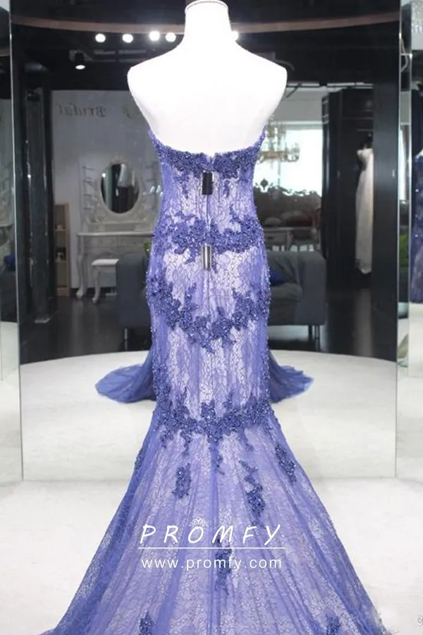 Sheer Bodice Lace Embroidery Strapless Mermaid Prom Dress With Slit - Navy Blue main image 0
