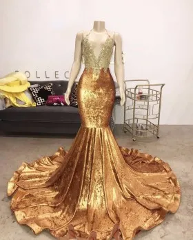 Shiny gold velvet beaded bodice long prom dress