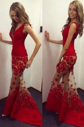 red satin sheer lace sleeveless mermaid prom gown