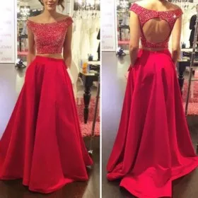 off the shoulder beaded top red satin prom dress