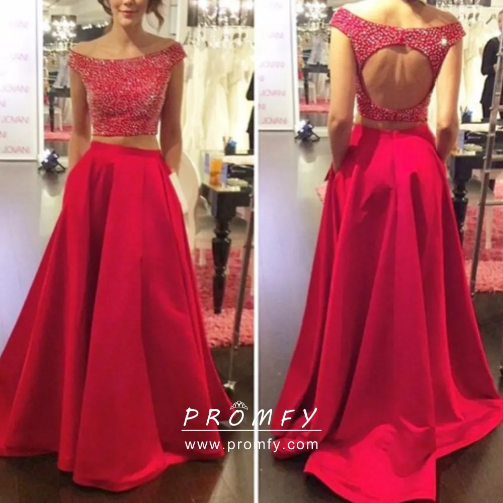 Red Lace & Satin Two-piece Long Sleeve Formal Dress - Promfy