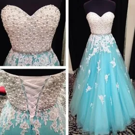 pearls beaded strapless turquoise tulle prom dress