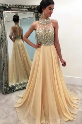 beaded sheer bodice champagne chiffon prom dress