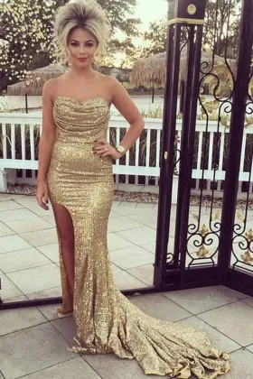 gold sequin strapless ruched slit mermaid prom gown