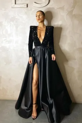 plunging V neck long sleeve split black prom dress