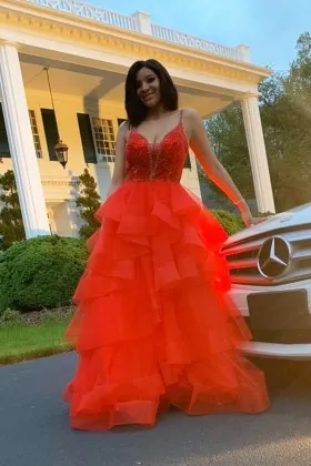 red sequin tiered flounced tulle A line prom dress