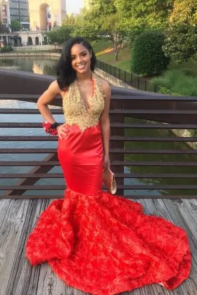 gold lace red satin 3D rosette mermaid prom dress