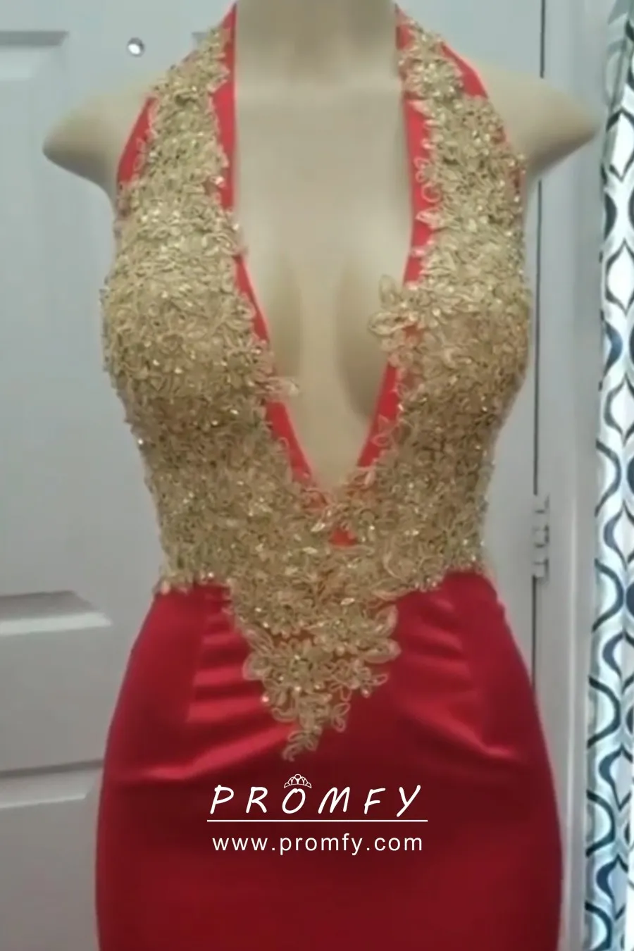 Plunge Red Jersey Gold Lace Cutout Back Dramatic Mermaid Prom Dress