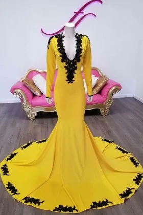black lace appliqued mango yellow mermaid prom gown