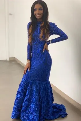 long sleeve royal blue sequin 3D rose prom dress