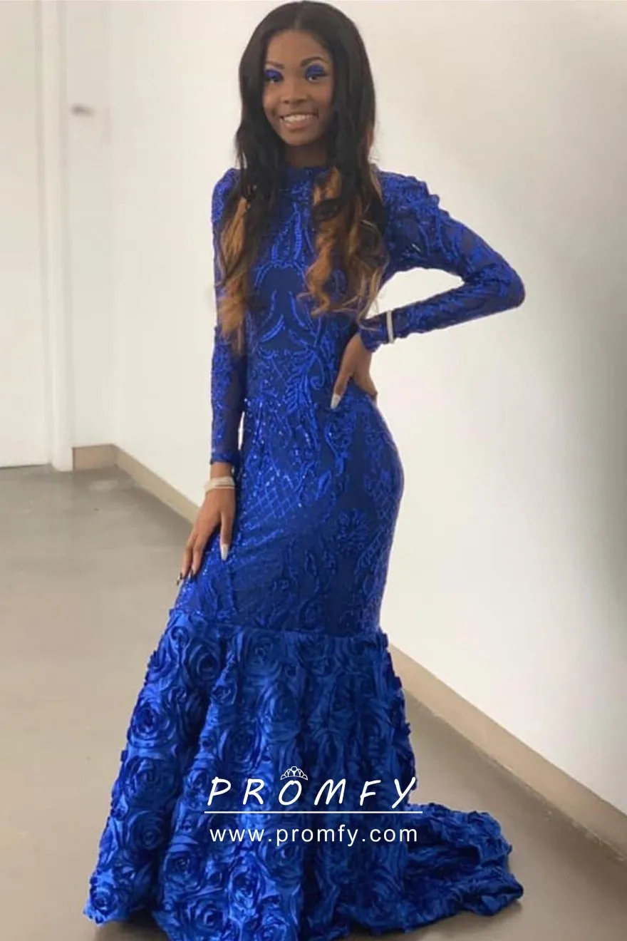 Royal Blue Sequin \u0026 3D Rose Prom Dress 