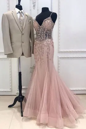 beaded sheer dusty pink tulle trumpet prom dress