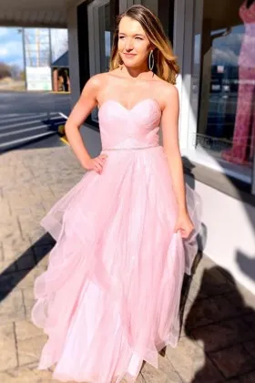 Pink Strapless Sweetheart Ruffles Embroidery Satin Tulle Long Prom Dress main image 1