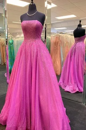 fuchsia glitter strapless long A line formal dress