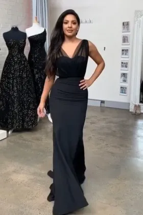 dark navy tulle and satin long formal dress