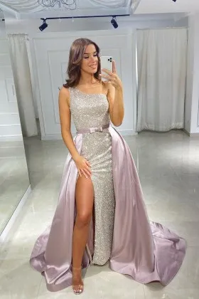 One Shoulder Glitter Beading Wisteria Overskirt Prom Dress
