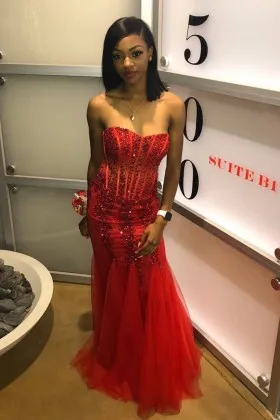 strapless sweetheart beaded corset red prom dress