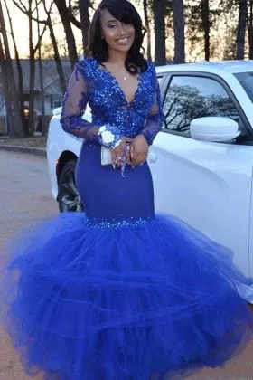 long sleeve V neck beaded blue trumpet prom dress