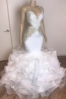 beaded drop waist tiered flounced trumpet prom gown