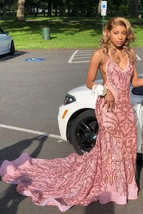 rose gold sequin appliqued pink organza prom dress