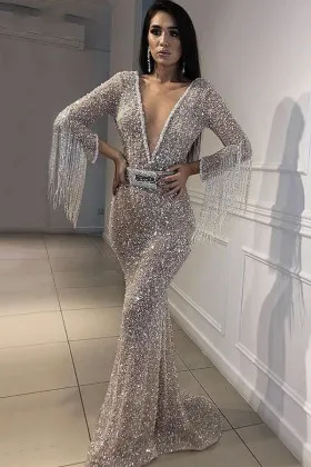 luxury Glitter Beading Tassel Long Sleeve Mermaid Dress