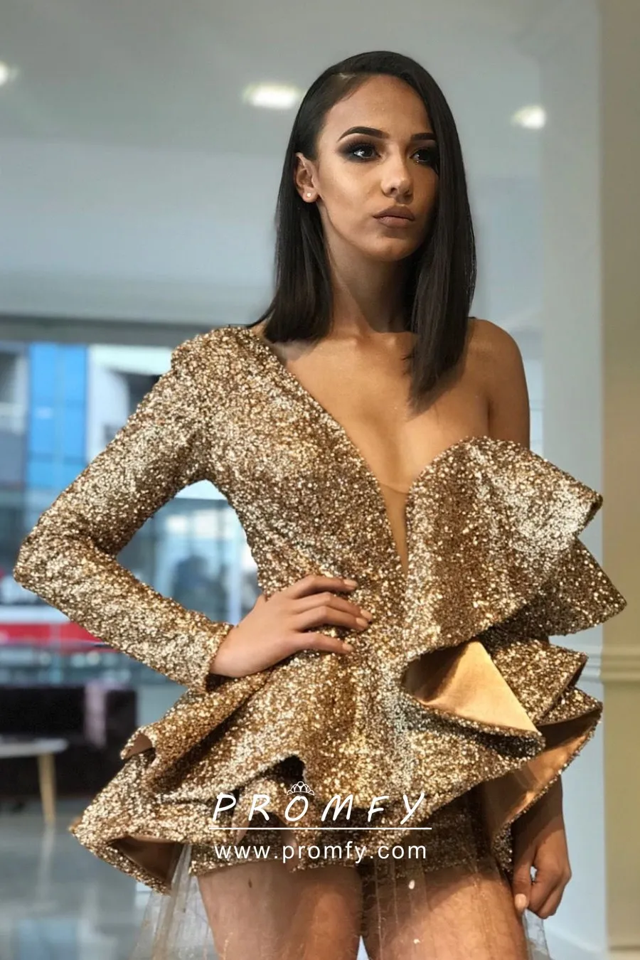 One Long Sleeve Ruffled Gold Sequin 