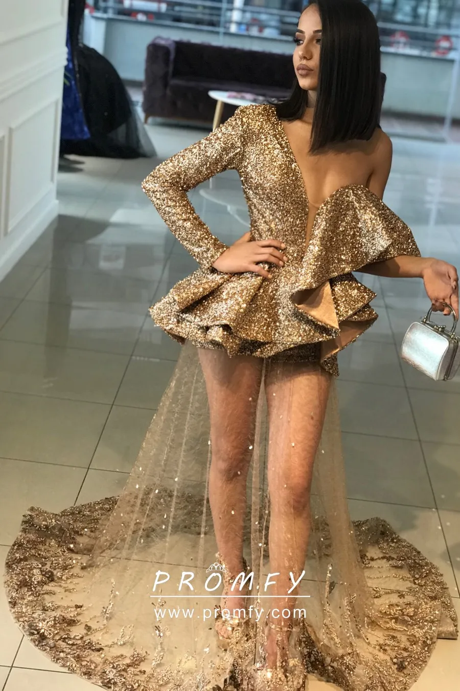 gold sheer prom dress