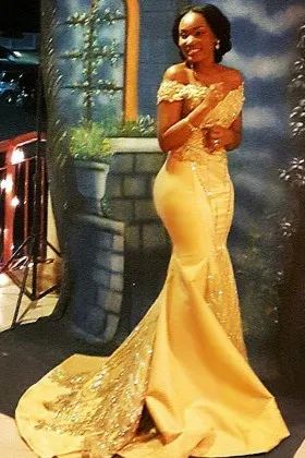 beaded lace appliqued mango yellow satin mermaid prom dress