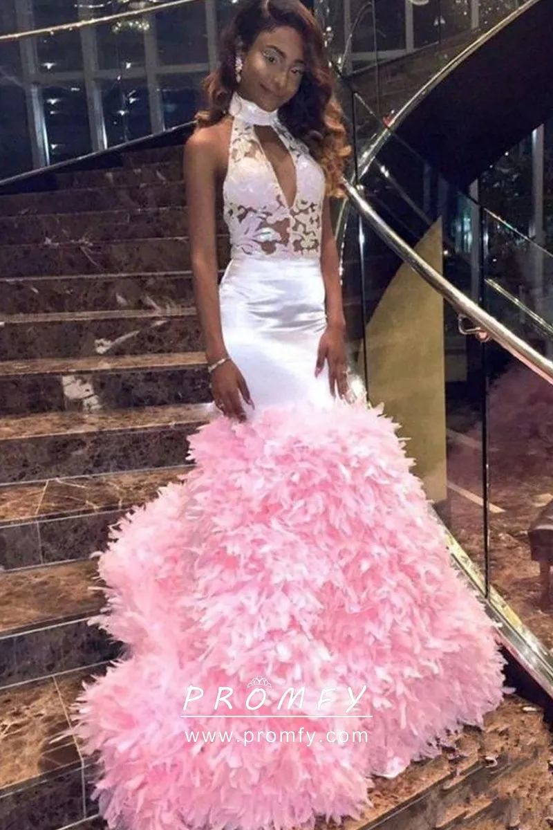 Illusion Lace Pink Feather Trumpet Prom Dress - Promfy