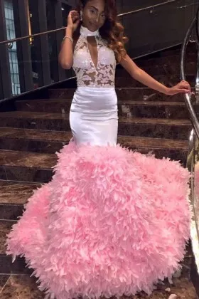 illusion lace pink feather trumpet prom dress