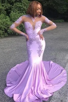 illusion neck long sleeve lilac trumpet prom dress