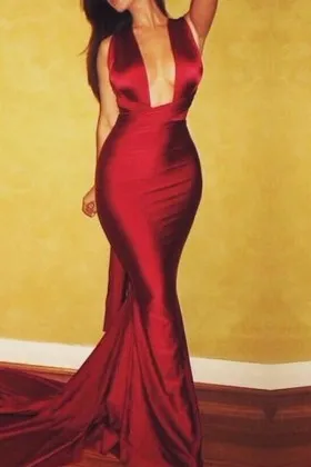 scarlet satin deep V neck mermaid sexy prom dress