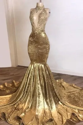 beaded sheer tulle gold velvet trumpet prom dress