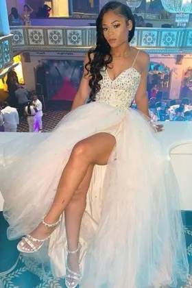 beaded satin split prom dress with overskirt