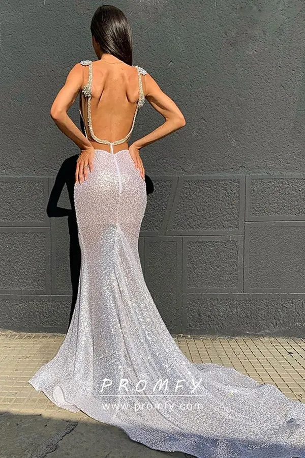 Sliver White Glitter V-neck Sheer Mermaid Prom Gown - Promfy