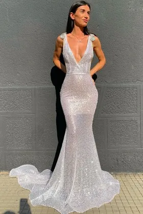 sliver white glitter sheer mermaid prom dress