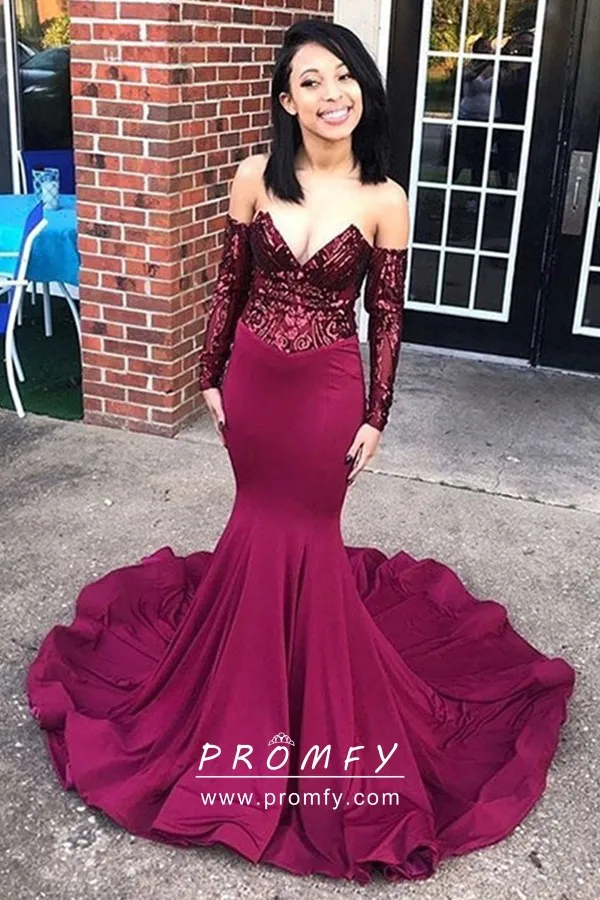 Strapless V Neck Burgundy Sequin Spandex Prom Dress - Promfy