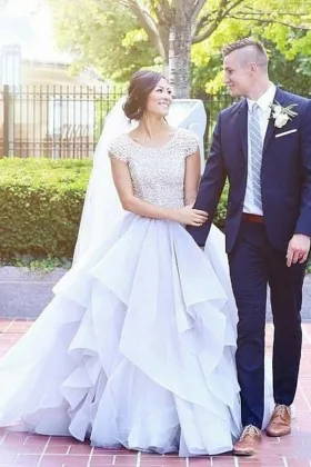 grey lace flounced organza skirt engagement ballgown