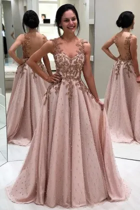 lace appliqued pearls nude pink tulle prom dress