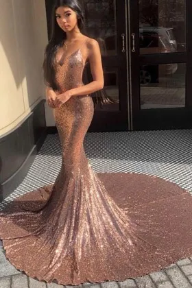 spaghetti straps rose gold sequin mermaid prom gown