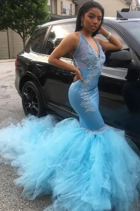 V neck blue lace tulle long train trumpet prom gown